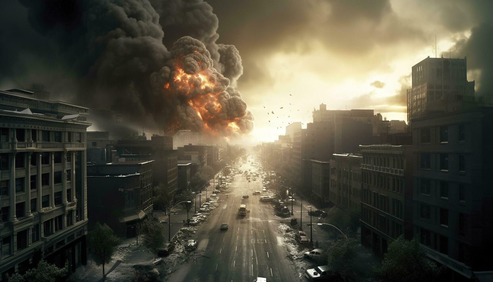 Post apocalypse. Nuclear apocalypse survivor. Ruined Cityscape. Concept. Banner size. Header, A nuclear explosion in the center of the metropolis. The beginning of apocalyptic, generate ai photo