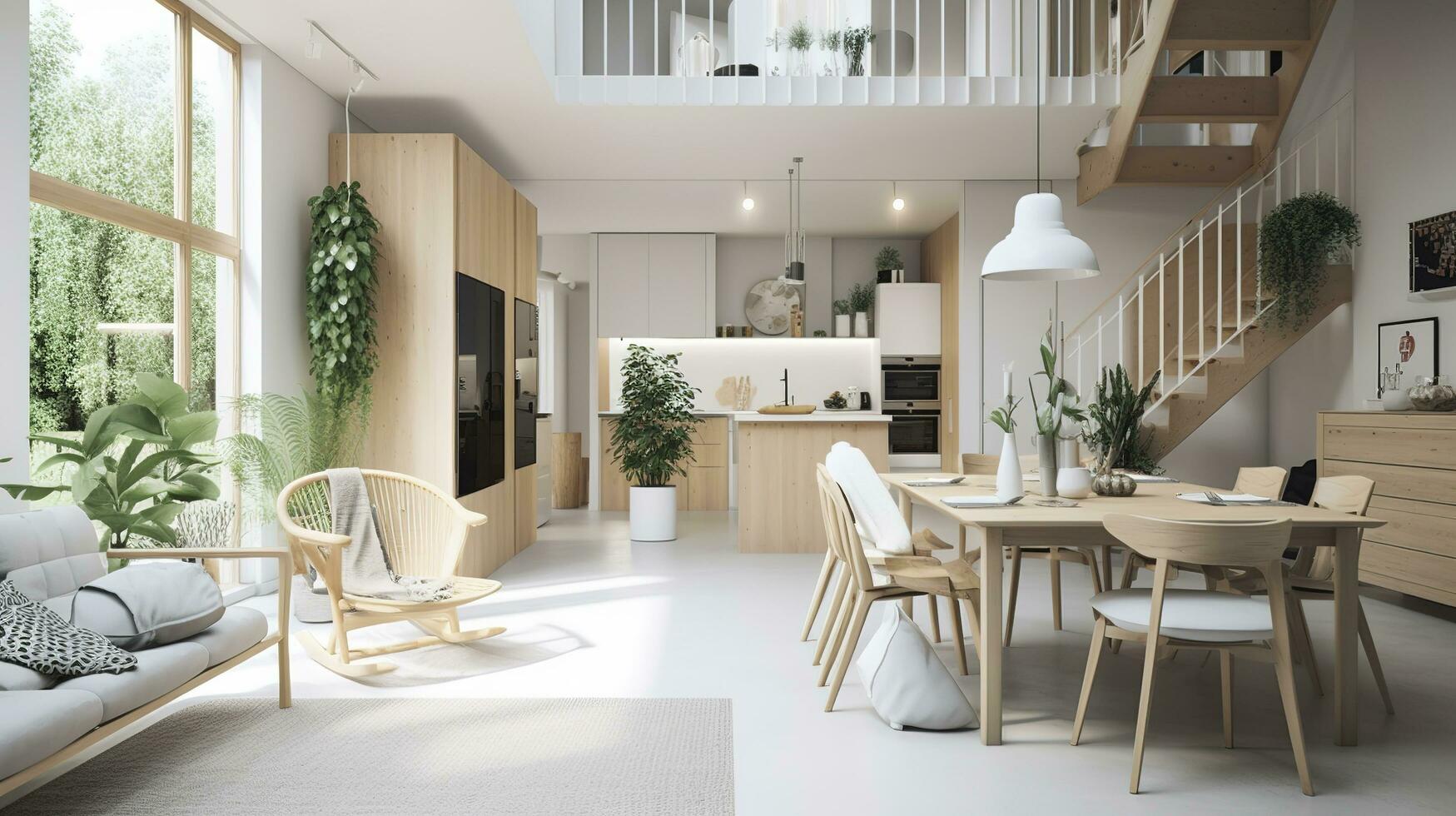 Interior Design, a perspective of a living room and a kitchen with an island, large windows with natural light, modern furniture, skylight, modern minimalistic design, generate ai photo