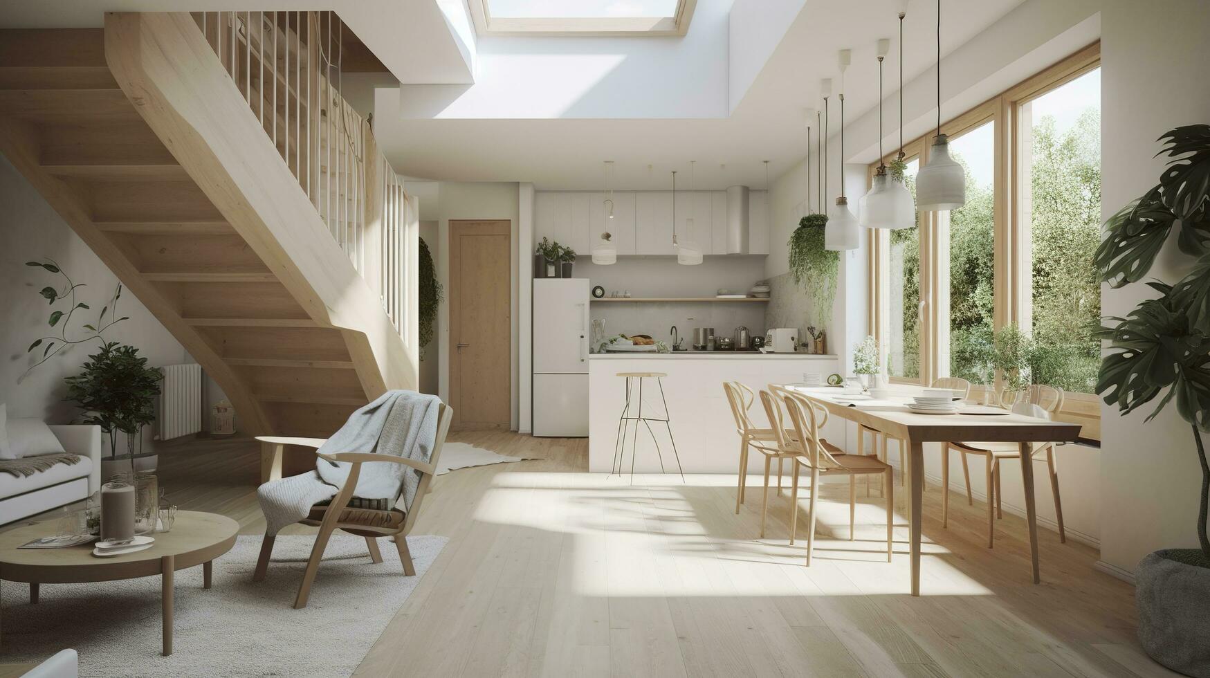 interior diseño, un perspectiva de un vivo habitación y un cocina con un isla, grande ventanas con natural luz, moderno muebles, claraboya, moderno minimalista diseño, generar ai foto