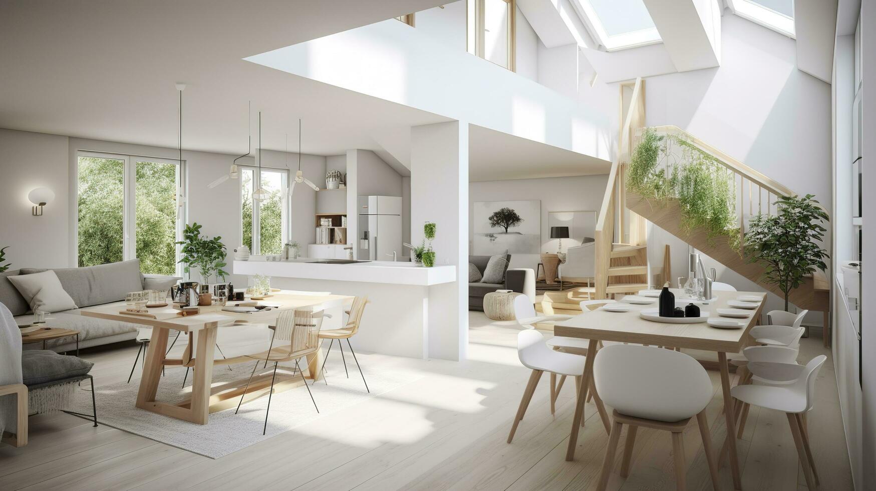 interior diseño, un perspectiva de un vivo habitación y un cocina con un isla, grande ventanas con natural luz, moderno muebles, claraboya, moderno minimalista diseño, generar ai foto