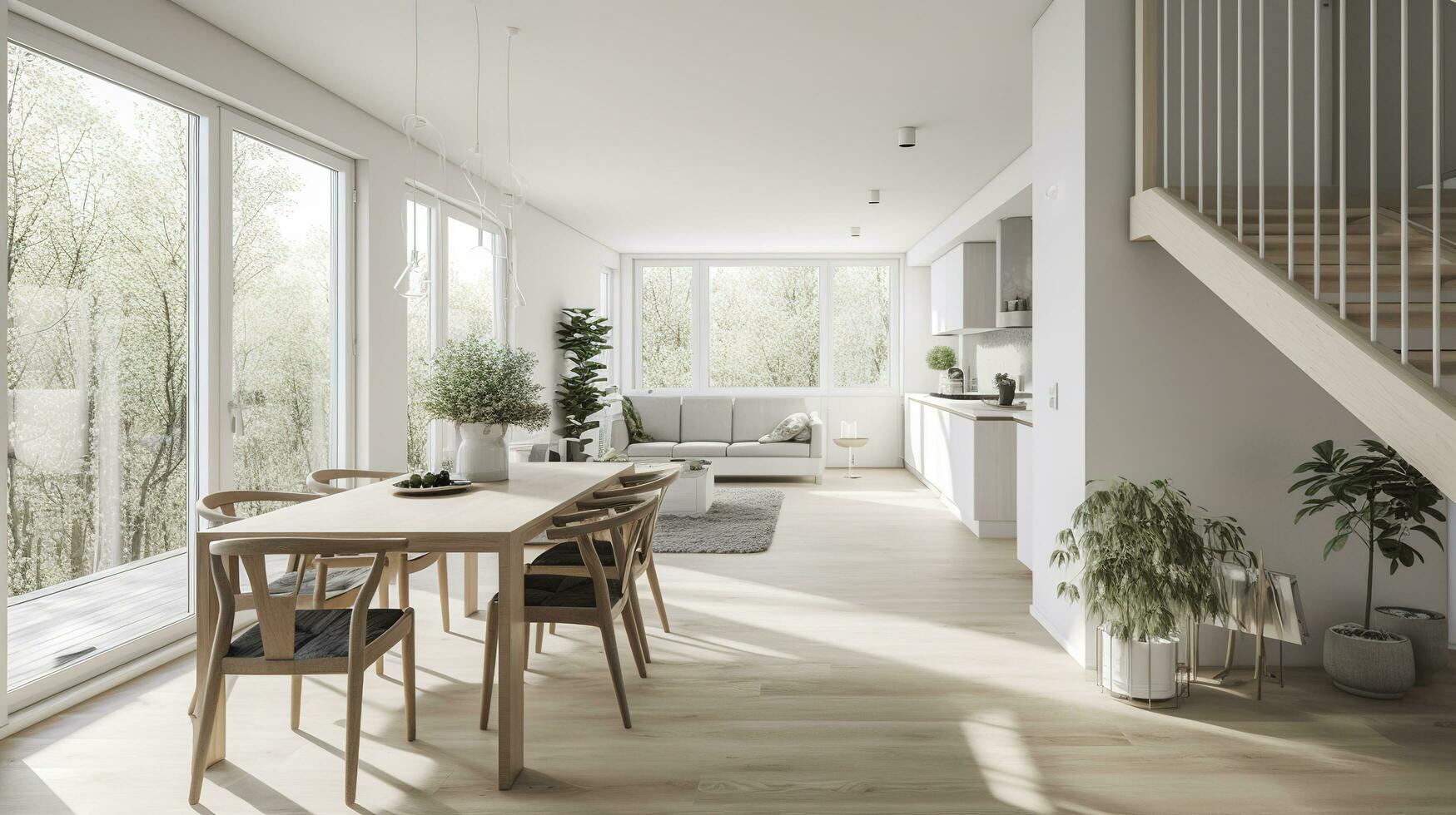 Interior Design, a perspective of a living room and a kitchen with an island, large windows with natural light, modern furniture, skylight, modern minimalistic design, generate ai photo