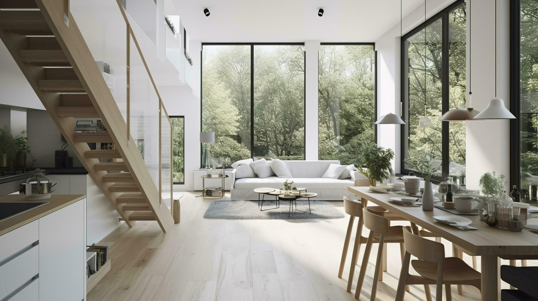 Interior Design, a perspective of a living room and a kitchen with an island, large windows with natural light, modern furniture, skylight, modern minimalistic design, generate ai photo