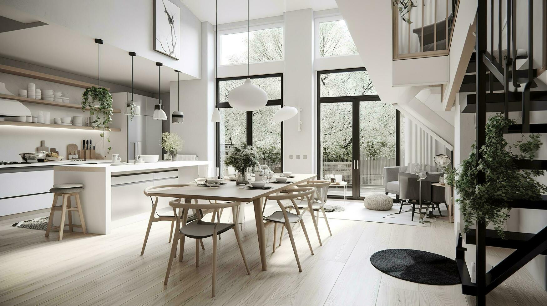 Interior Design, a perspective of a living room and a kitchen with an island, large windows with natural light, modern furniture, skylight, modern minimalistic design, generate ai photo