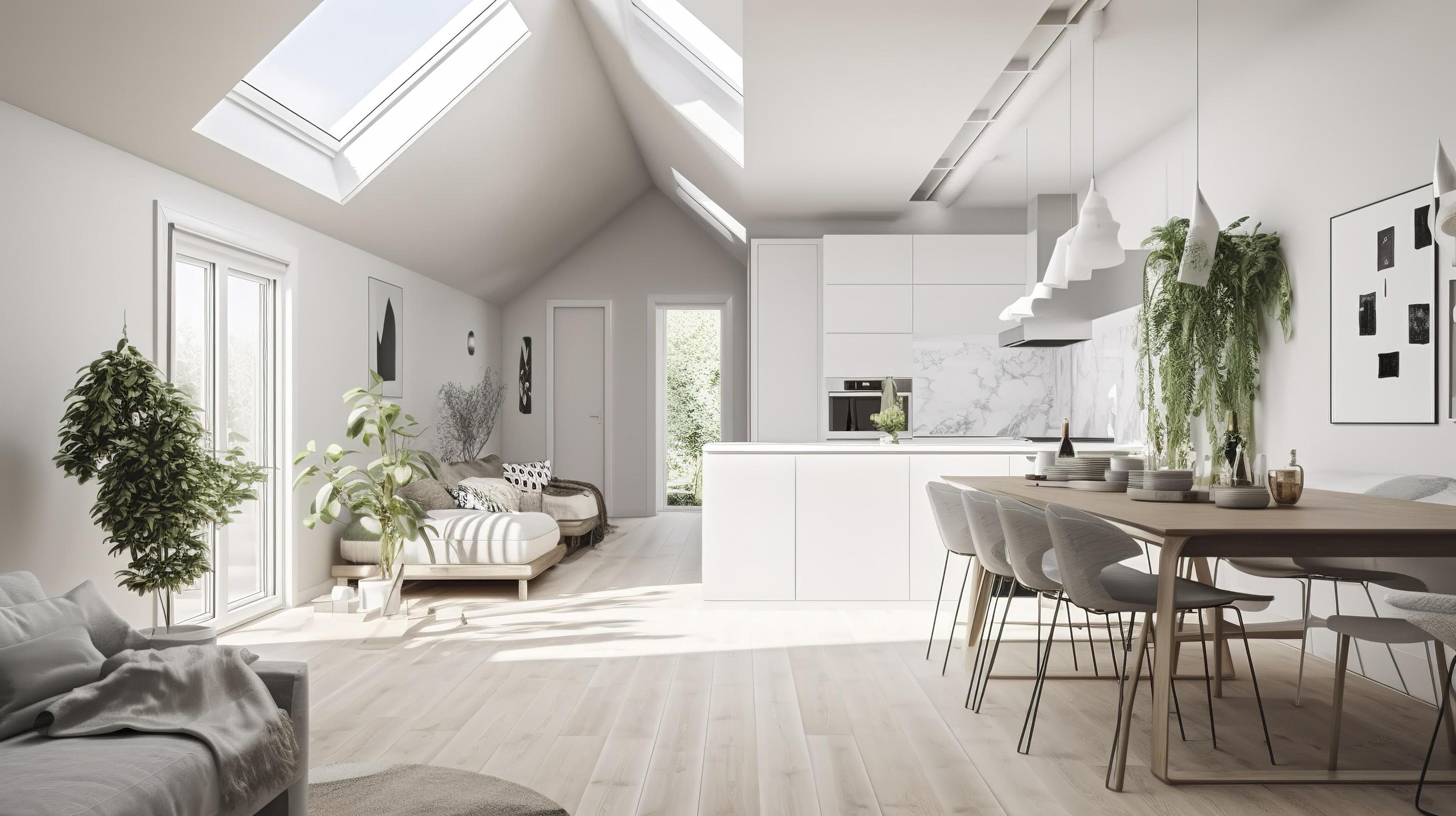 Interior Design, a perspective of a living room and a kitchen with an