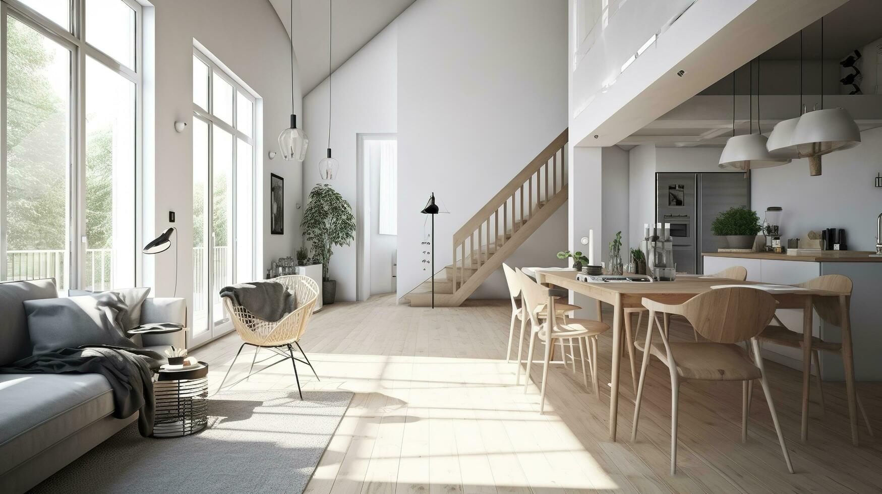 interior diseño, un perspectiva de un vivo habitación y un cocina con un isla, grande ventanas con natural luz, moderno muebles, claraboya, moderno minimalista diseño, generar ai foto