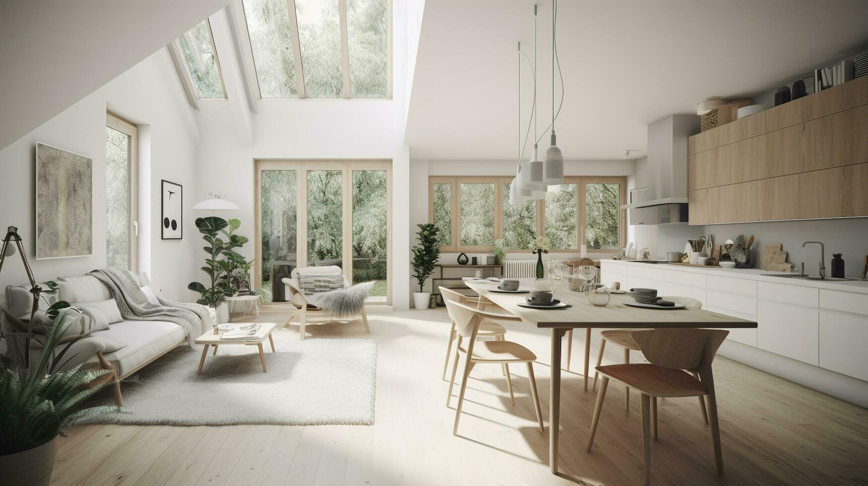 interior diseño, un perspectiva de un vivo habitación y un cocina con un isla, grande ventanas con natural luz, moderno muebles, claraboya, moderno minimalista diseño, generar ai foto