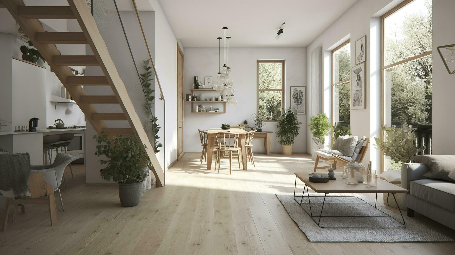 Interior Design, a perspective of a living room and a kitchen with an island, large windows with natural light, modern furniture, skylight, modern minimalistic design, generate ai photo