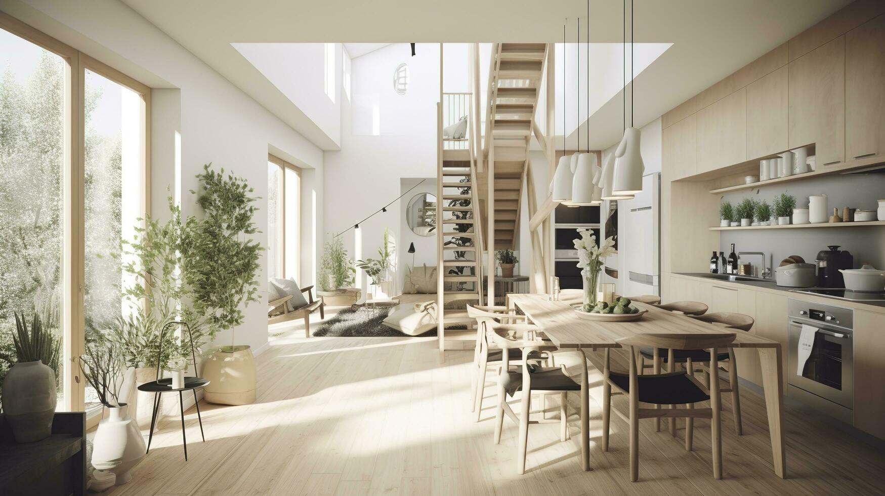 Interior Design, a perspective of a living room and a kitchen with an island, large windows with natural light, modern furniture, skylight, modern minimalistic design, generate ai photo