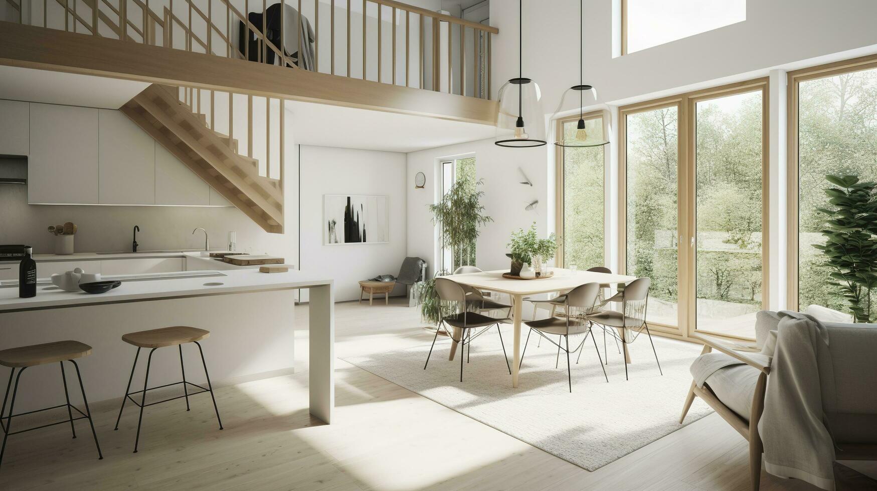 interior diseño, un perspectiva de un vivo habitación y un cocina con un isla, grande ventanas con natural luz, moderno muebles, claraboya, moderno minimalista diseño, generar ai foto