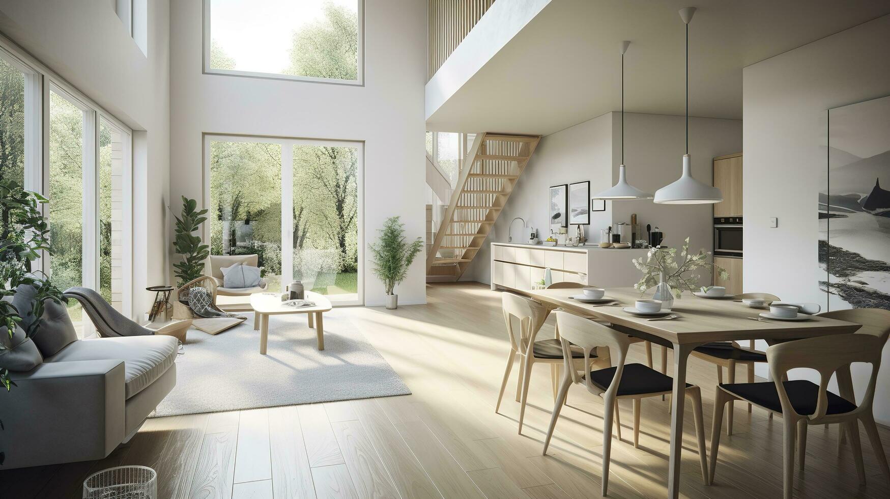 Interior Design, a perspective of a living room and a kitchen with an island, large windows with natural light, modern furniture, skylight, modern minimalistic design, generate ai photo