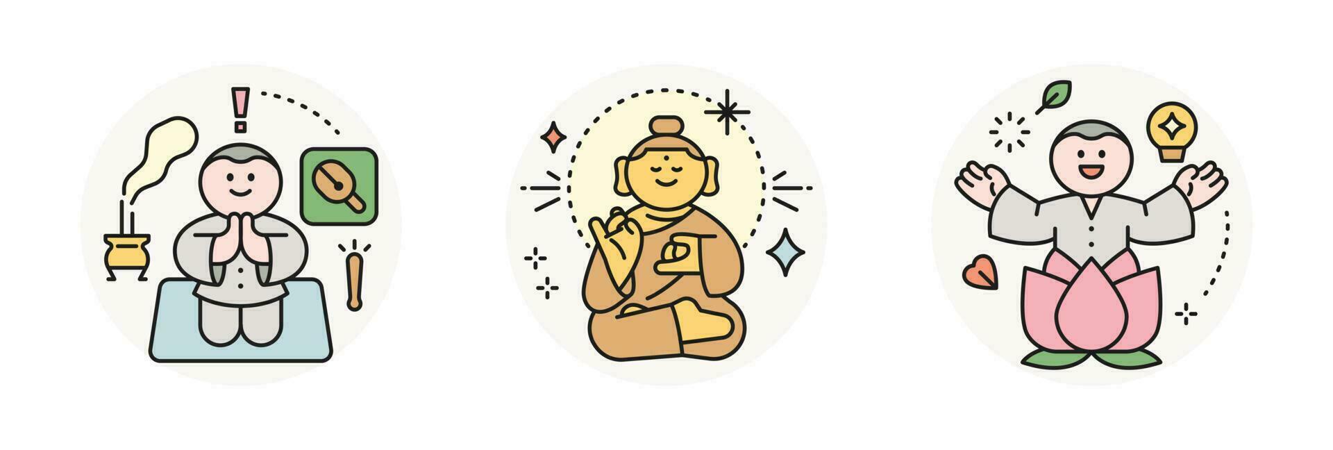 Buddhas Birthday. Praying monk, golden Buddha statue, lotus flower and monk. vector