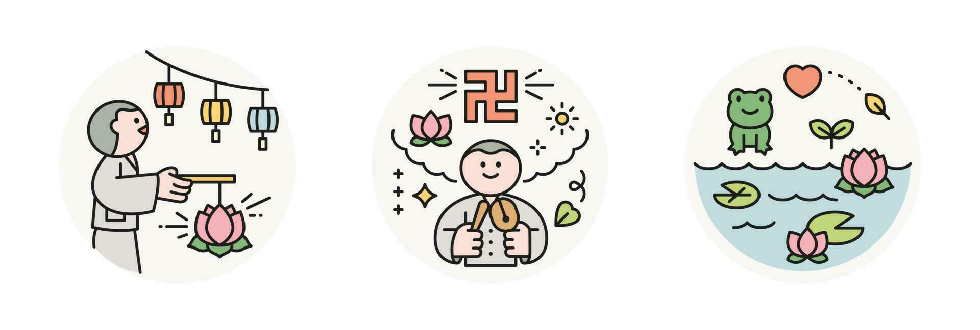 Buddhas Birthday. Lotus Lantern Festival, wood block monk, lotus pond and frog. vector