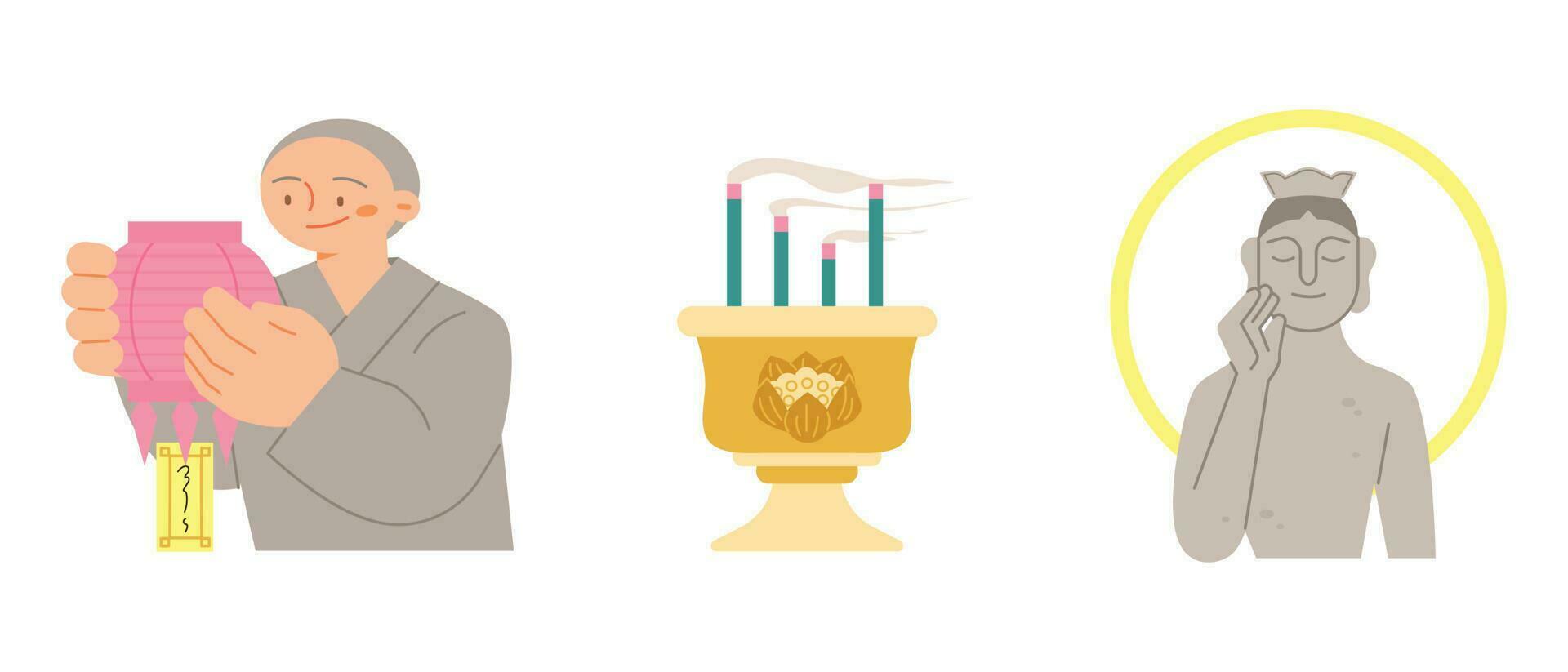 Buddhas Birthday. Monk lighting a lantern, Buddhist incense, Maitreya Bodhisattva. vector