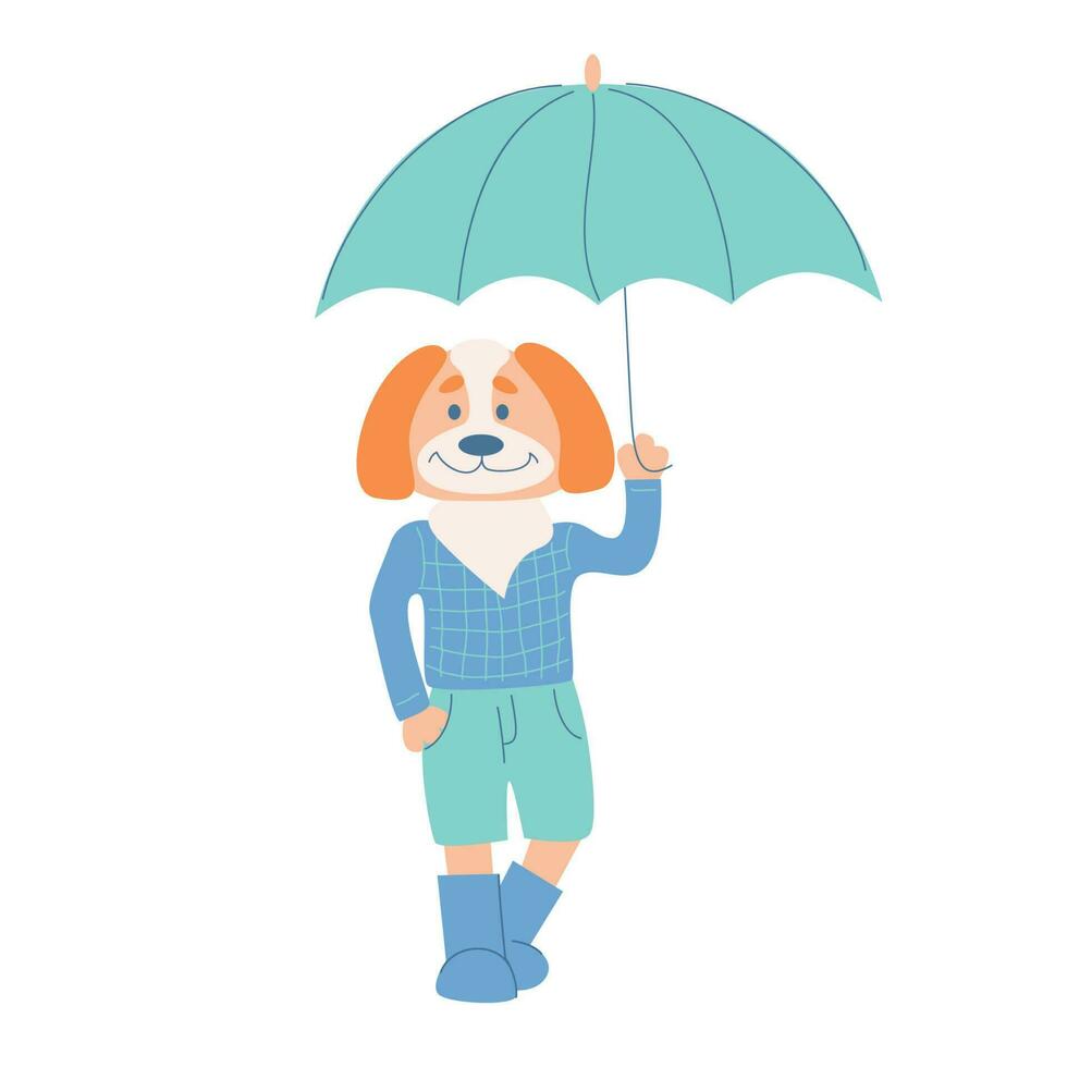 Cute positive dog in cloth standing with umbrella. Funny canine in rubbers. Anthropomorphic animal character. Rainy weather monsoon card design. Vector illustration.