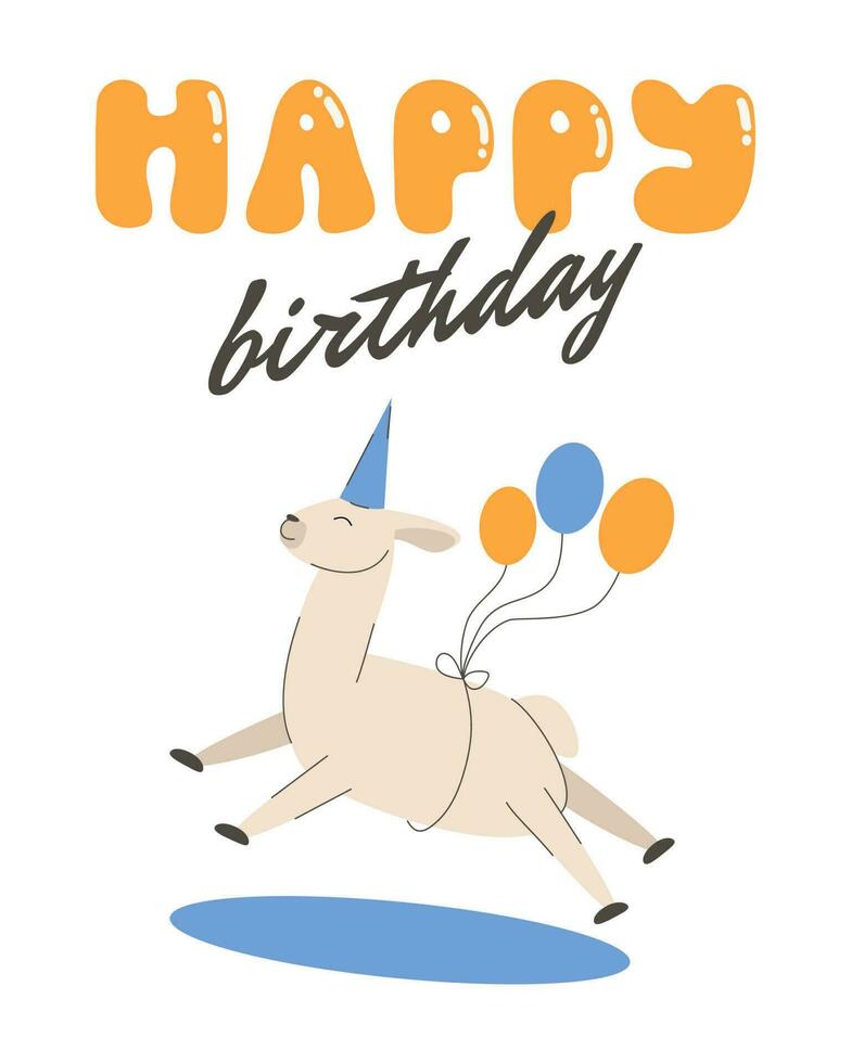 Happy birthday card with funny flying lama, alpaca. Llama with baloons and groovy happy birthday script. Vector illustration.