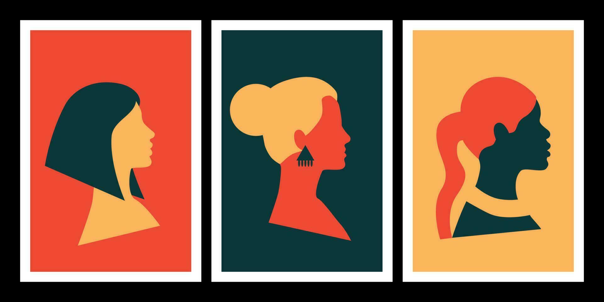 resumen hembras caras carteles colocar. mínimo boho estilo. diverso mujer retratos cabeza silueta. Clásico recopilación. internacional De las mujeres día, alianza vector ilustración.