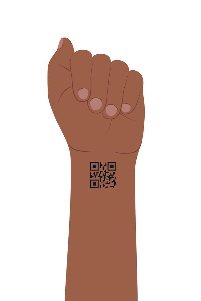 el mano con doblado dedos y qr código tatuaje en muñeca. astillado y controlar gente, electrónico admisión, pasar por código, exclusividad concepto. vector ilustración.