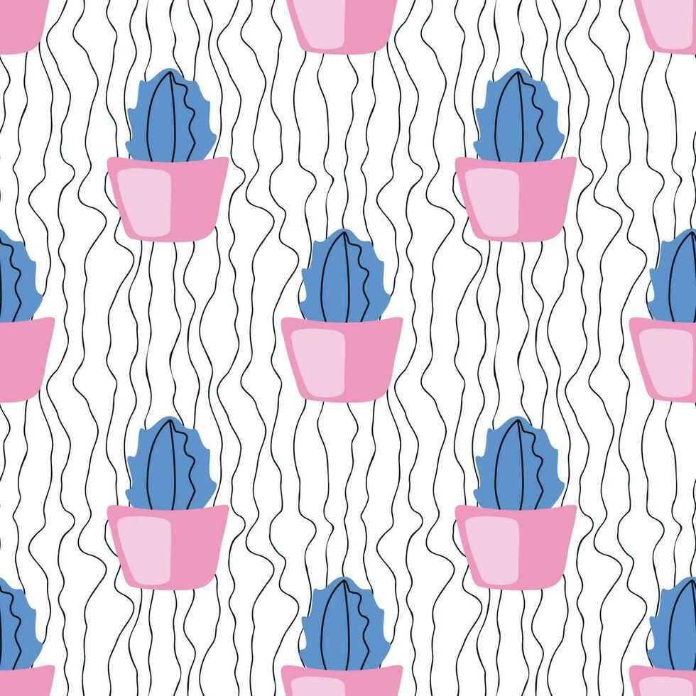 Cute blue cactuses in pink pots on wavy lines background. Delicate doodle seamless pattern for home decor, spread, clot, linen. Cozy kids design. Hand drawn home plants. Vector illustration.