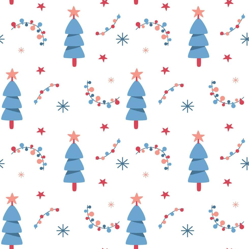 Cute festive seamless pattern with christmas tree, festoons, snowflakes and christmas stars. Simple winter design for cover wrapping paper textile. Vector illustration.