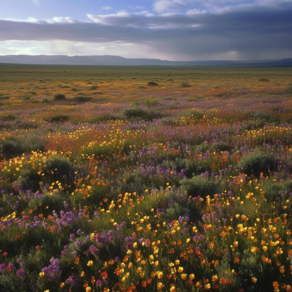 un llanura campo con salvaje flores en florecer ai generado foto