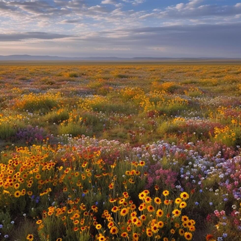 un llanura campo con salvaje flores en florecer ai generado foto