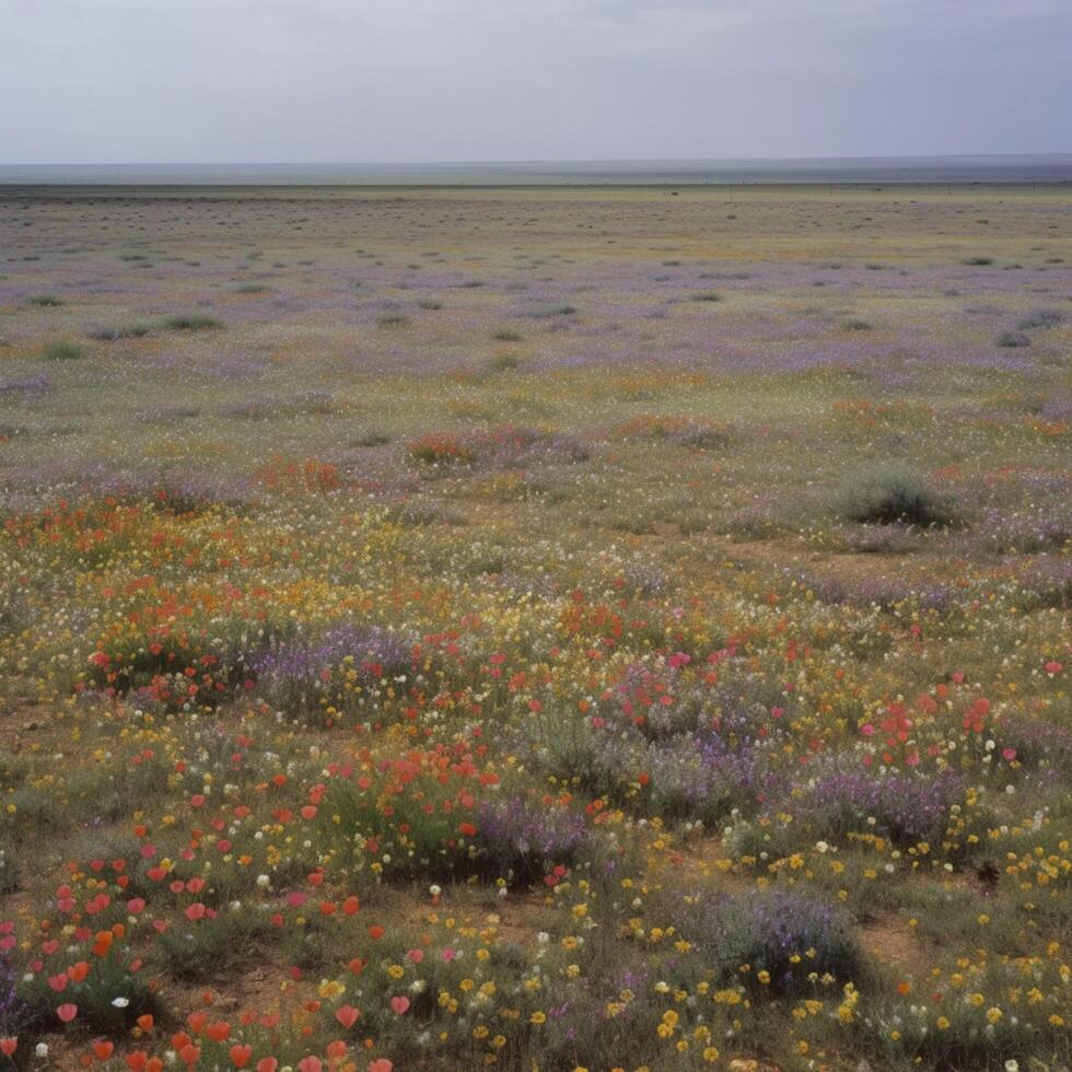 un llanura campo con salvaje flores en florecer ai generado foto
