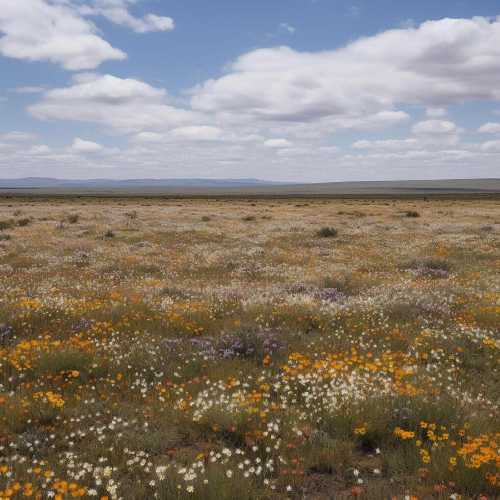 un llanura campo con salvaje flores en florecer ai generado foto