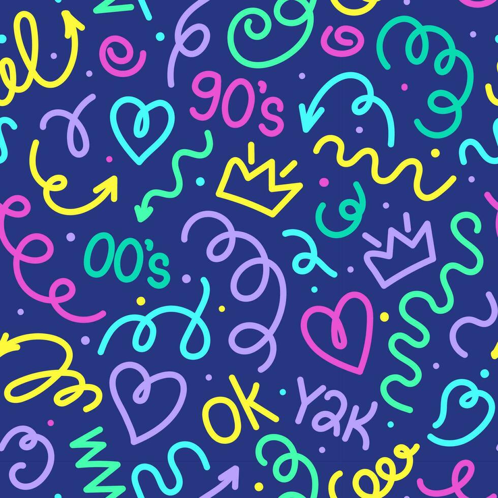 Trendy bright squiggles seamless pattern. Fun colorful line doodle with shapes crown, heart, numbers of 90s, 00s, y2k with curly confetti. Simple childish print. For textile, backdrop, packaging vector