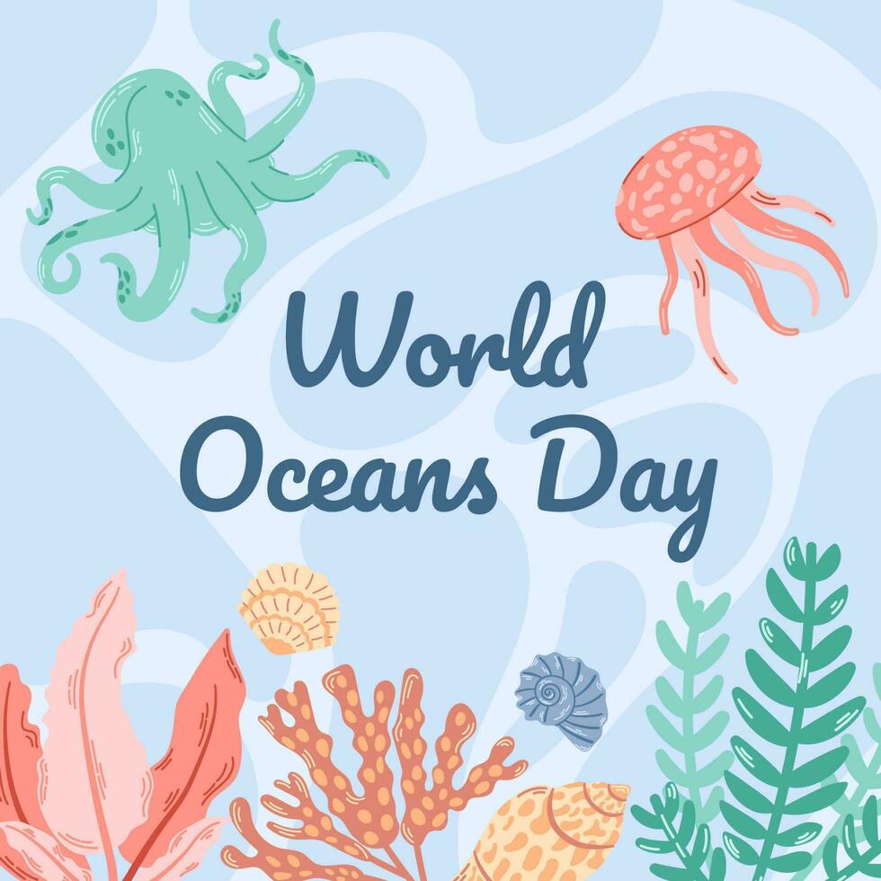 Banner for the celebration of world ocean day, with an illustration of a turtle and a jellyfish on the seabed with caralas and shells. vector