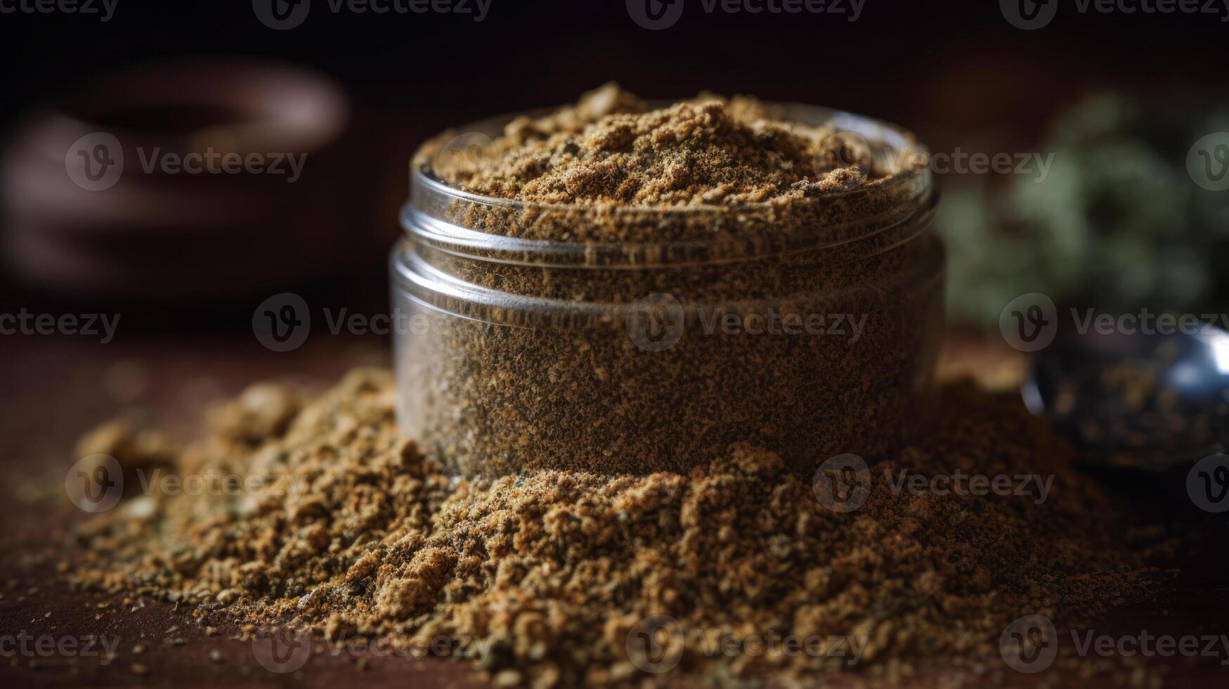 container with strong cannabis kief, trichome hash with high thc photo