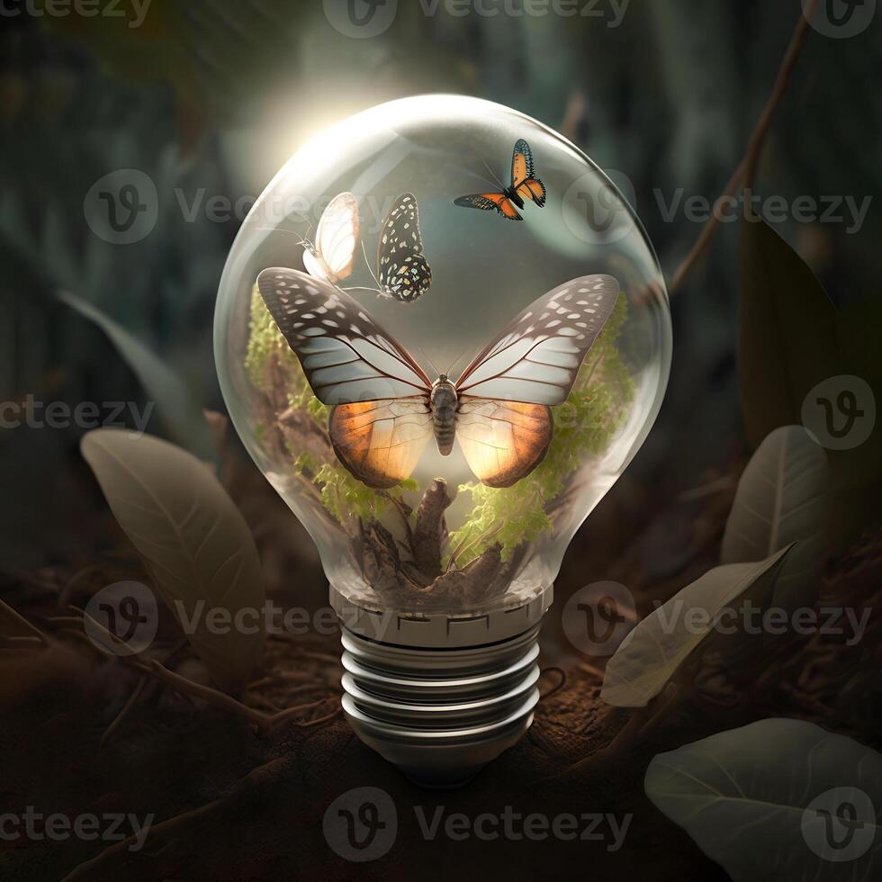 content, Earth Day. butterfly in a light bulb against the backdrop of a summerforest. photo