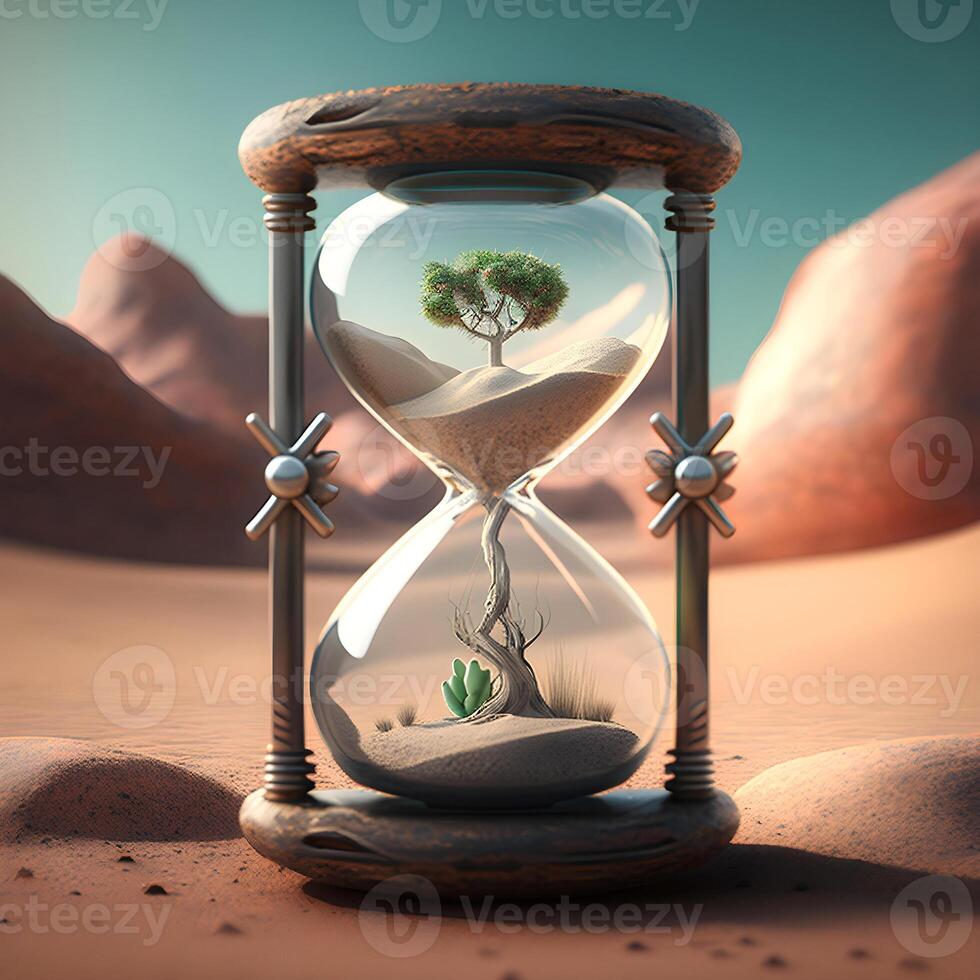 content, vintage hourglass on the background of the desert, sandstorms. photo