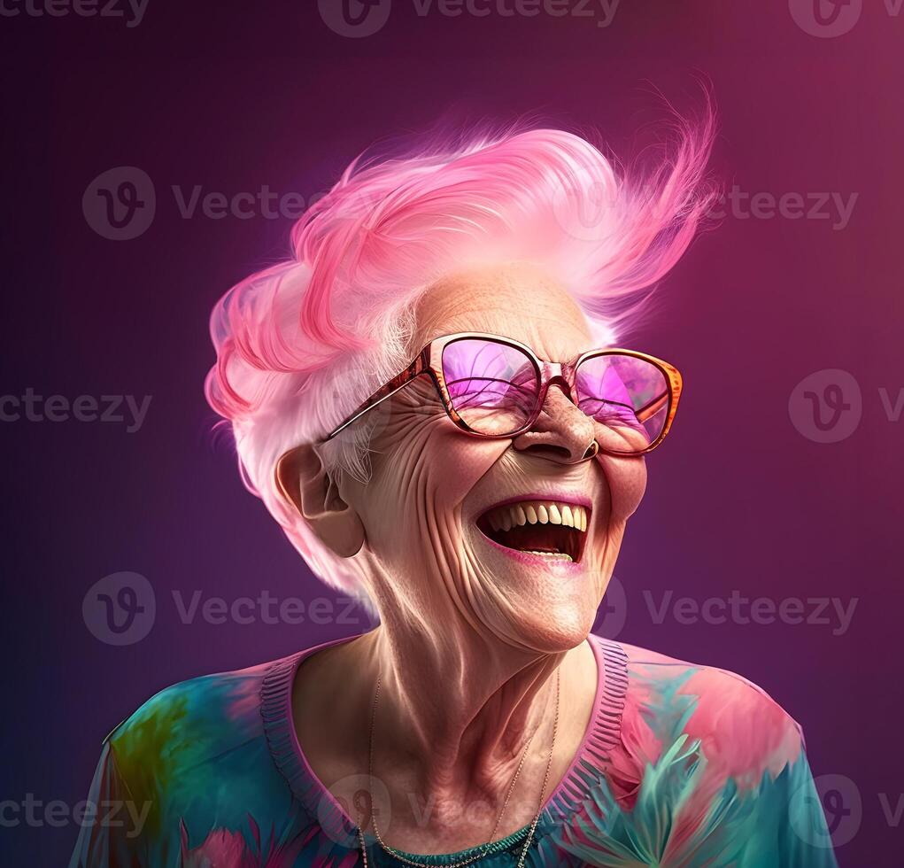 content,Portrait of a modern elderly woman in glasses with pink hair. smiling happily photo