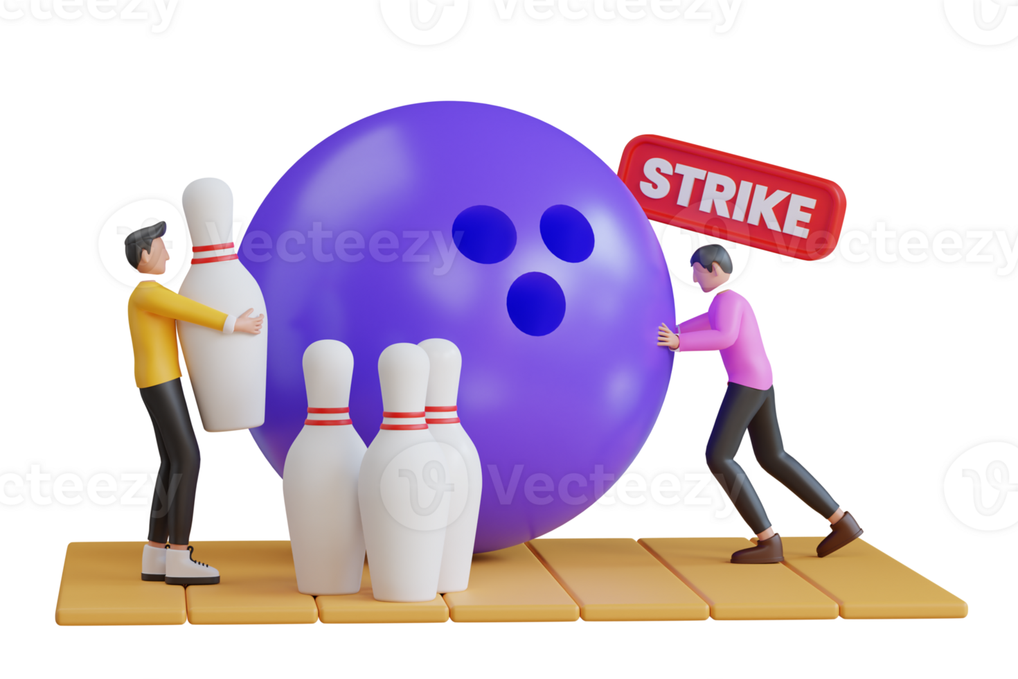 lila Bowling Ball und verstreut Weiß Kegeln. Mann spielen Bowling. 3d Schüssel, schlagen. 3d Illustration png