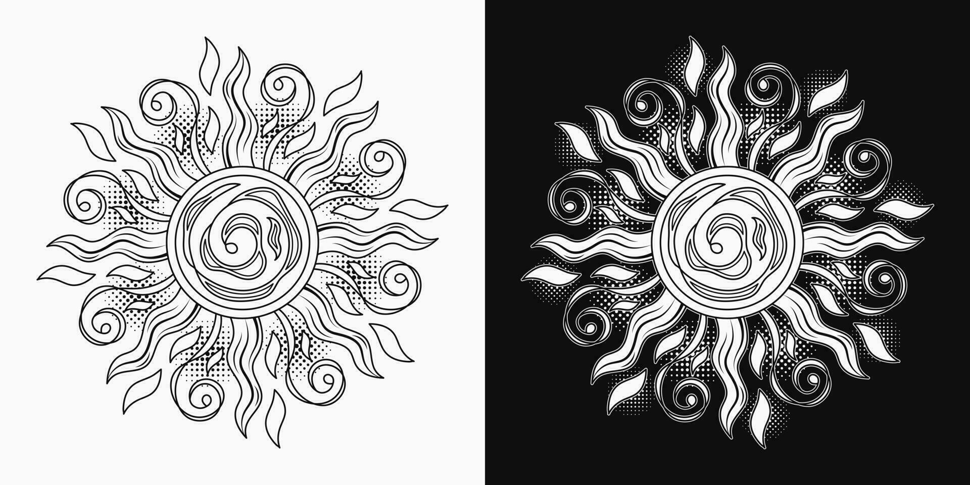 Sun with spirals, swirls, halftone shapes. Concept of harmony and balance. Monochrome illustration in vintage style on black, white background. Solar traditional sign. Good for groovy, hippie style vector