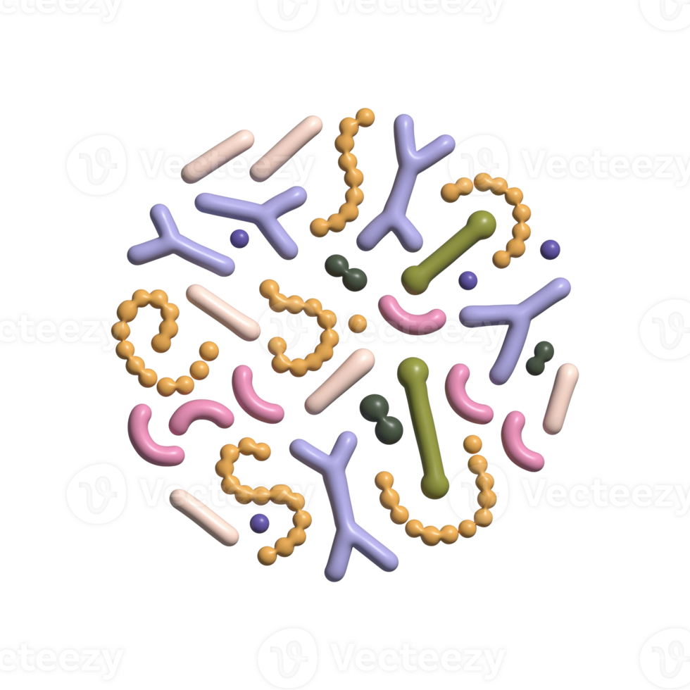 3d render Probiotic bacteria set in circle composition. Gut microbiota with healthy prebiotic bacillus. Lactobacillus, acidophilus, bifidobacteria. Microorganisms for biotechnology. png