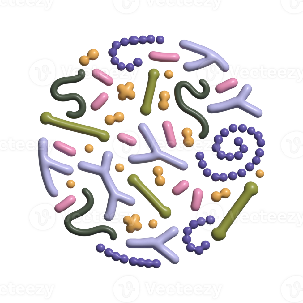 3d render Concept of probiotics in round shape. Bifidobacterium, lactobacillus, streptococcus thermophilus, lactococcus, propionibacterium. Simple Volume illustration for Brochure, poster, advertising png