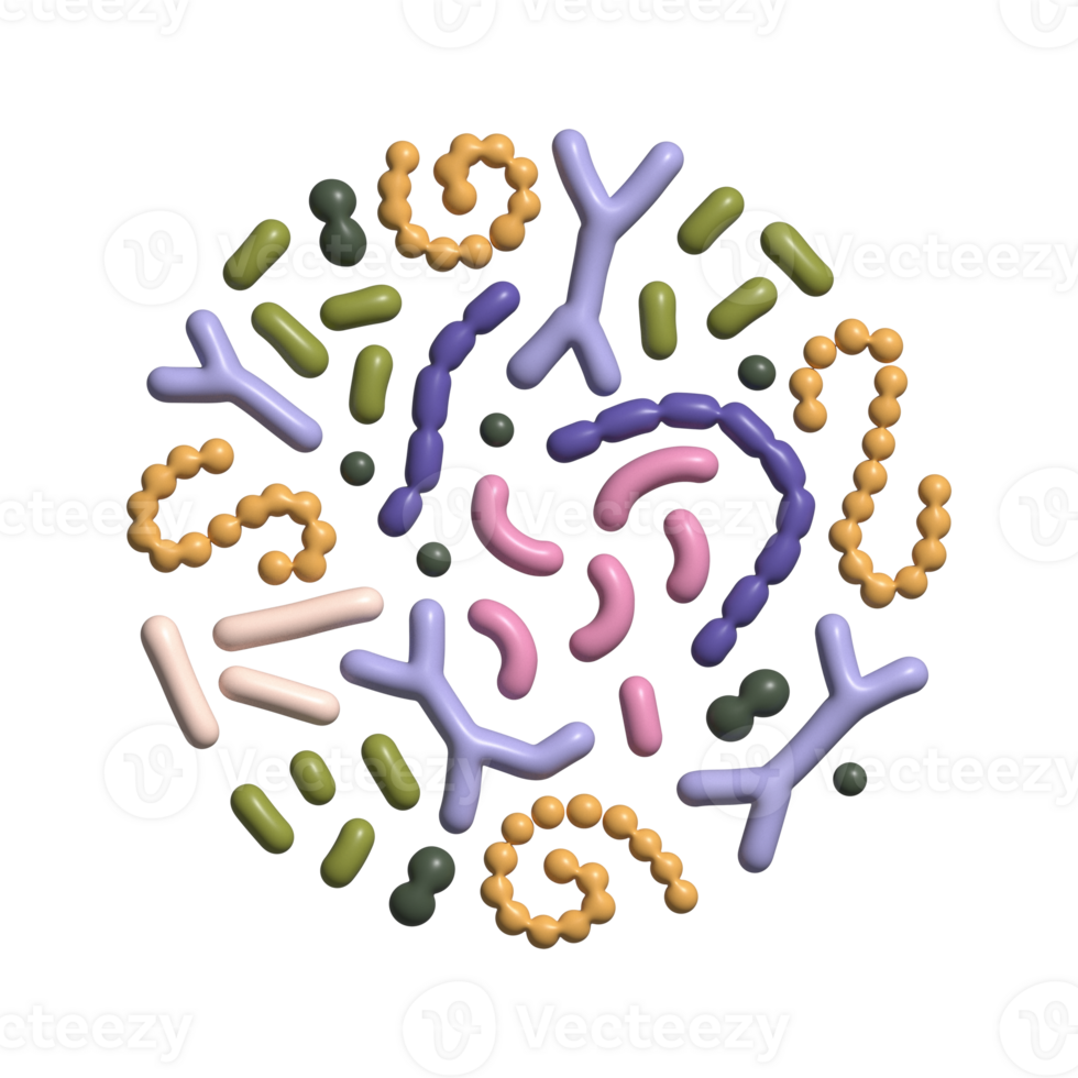 3d render Mocrobione in round shape concept. Bifidobacterium lactobacillus streptococcus thermophilus lactococcus propionibacterium. Probiotics elements for Brochure, cover, poster. illustration. png