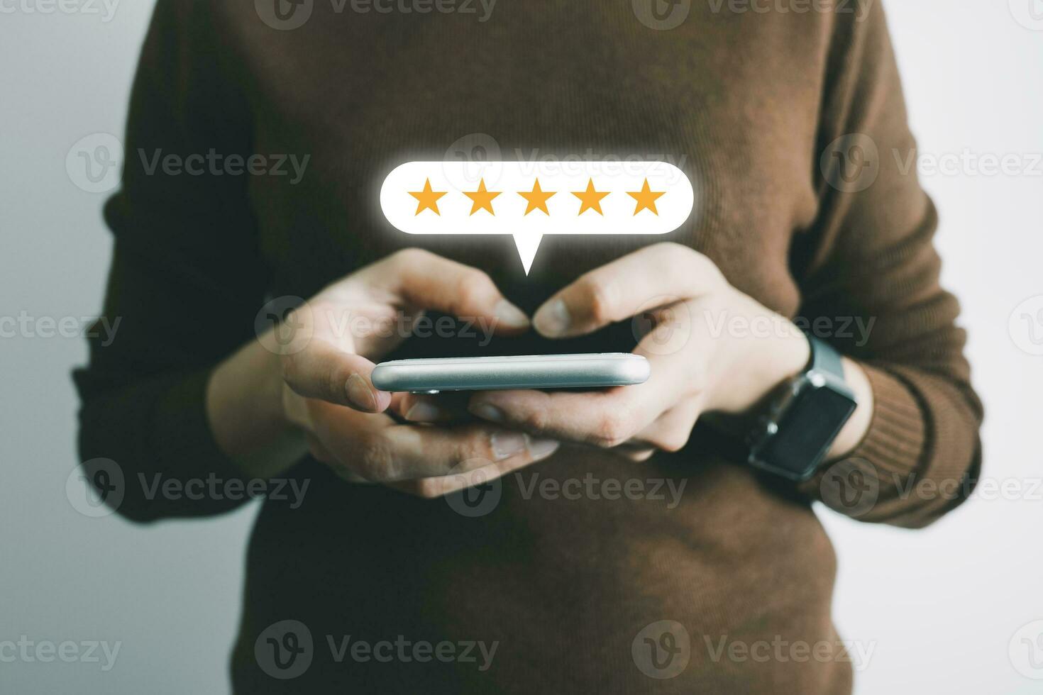 Customer assess service satisfaction 5 stars by smartphone, Corporate care high standard, ISO, customer care, Excellent level, quality guaranteed in service of company. the highest service. photo