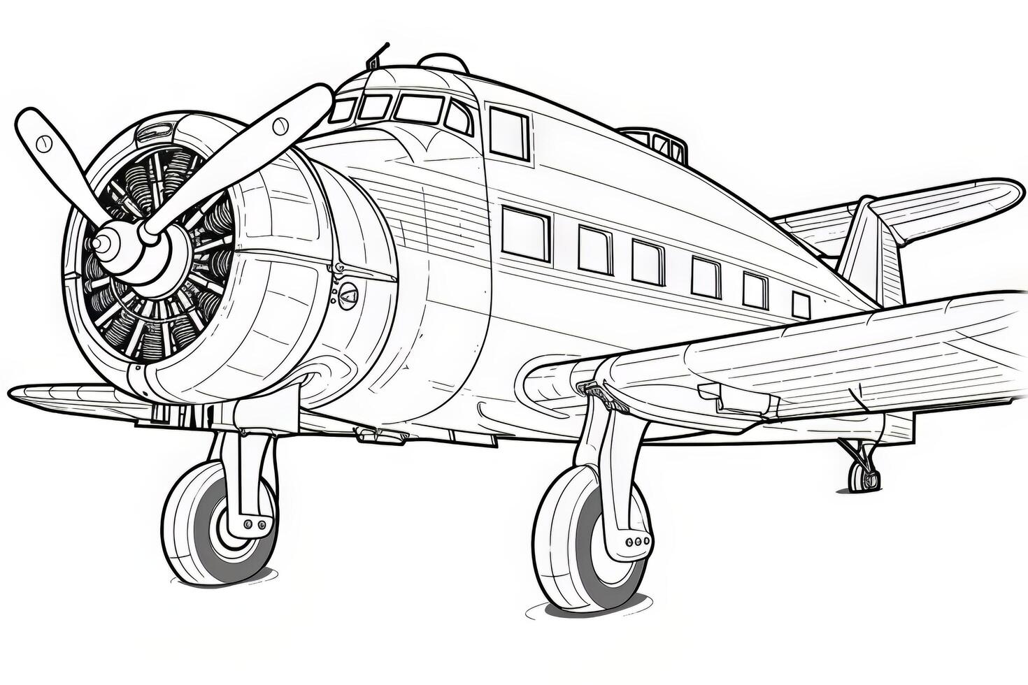 Black and White Cartoon Illustration of Vintage Plane Flying in the Sky for Coloring Book. photo