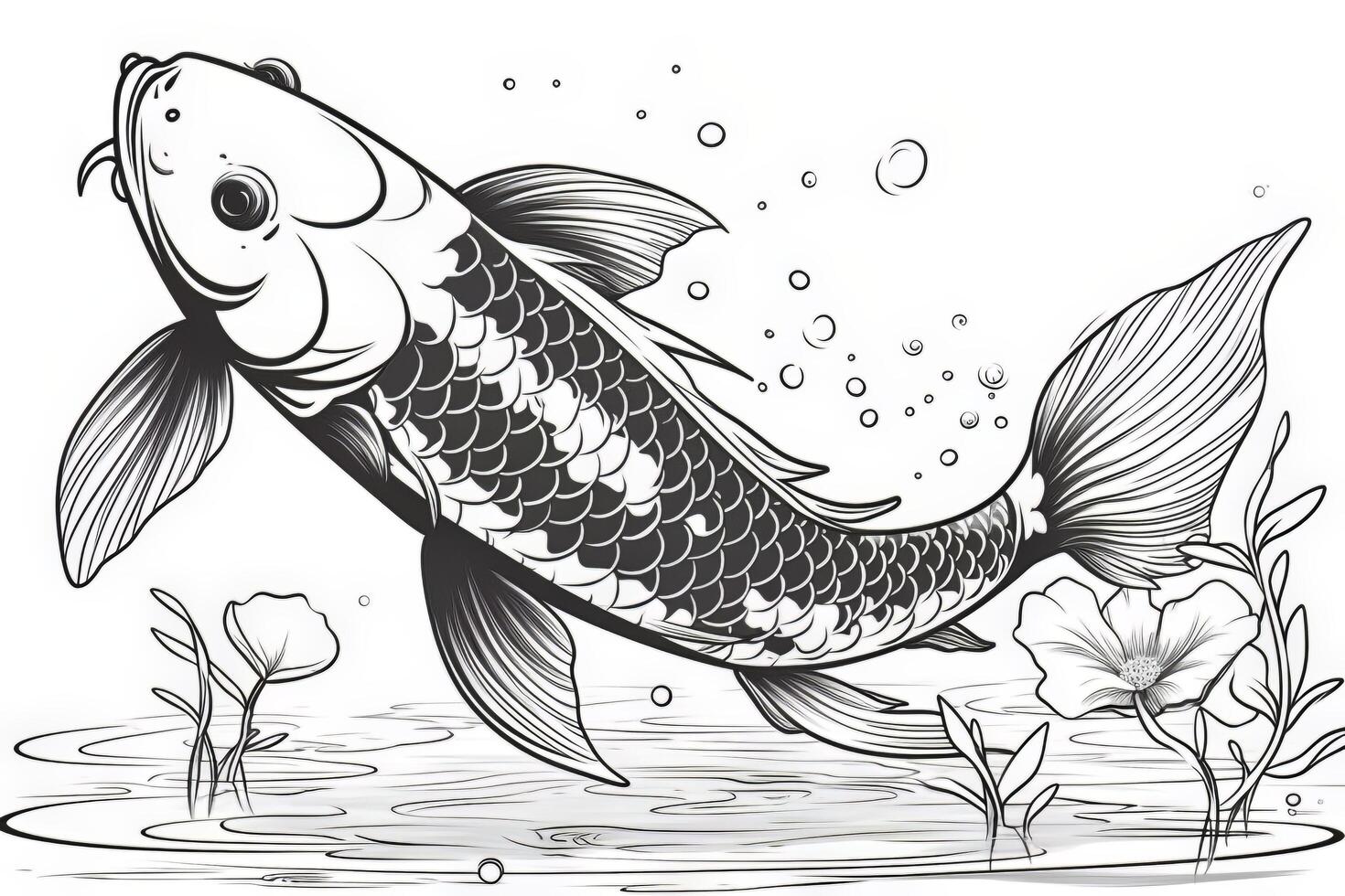 Coloring page for adults black and white pattern. Fishes frolic fun in a flowering pond. Seamless oriental texture with water Lily leaves, fishes and other water inhabitants.. photo