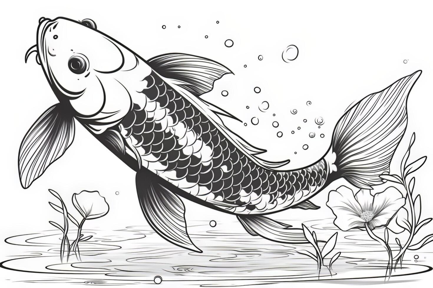 colorante página para adultos vector negro y blanco modelo. peces fiesta divertido en un floración estanque. sin costura oriental textura con agua lirio hojas, peces y otro agua habitantes..generativo ai foto