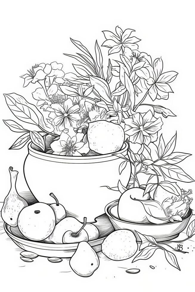 Decorative vase with flowers and leaves for coloring book. illustration.. photo