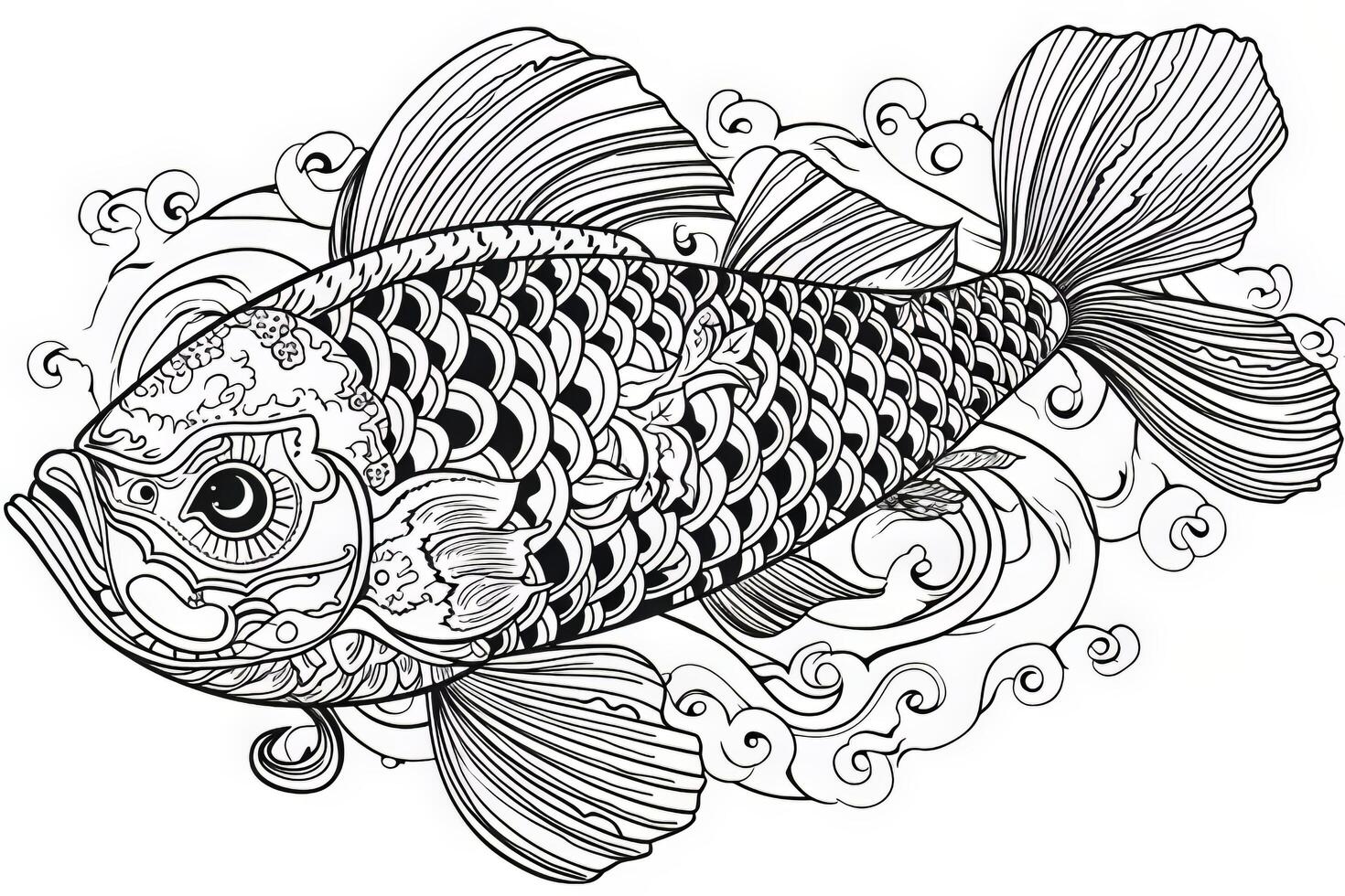 Coloring page for adults black and white pattern. Fishes frolic fun in a flowering pond. Seamless oriental texture with water Lily leaves, fishes and other water inhabitants.. photo