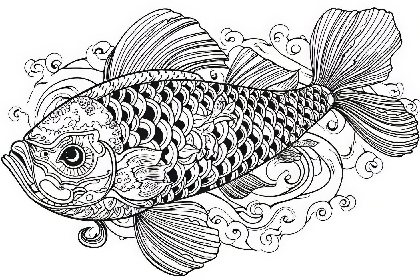 colorante página para adultos vector negro y blanco modelo. peces fiesta divertido en un floración estanque. sin costura oriental textura con agua lirio hojas, peces y otro agua habitantes..generativo ai foto