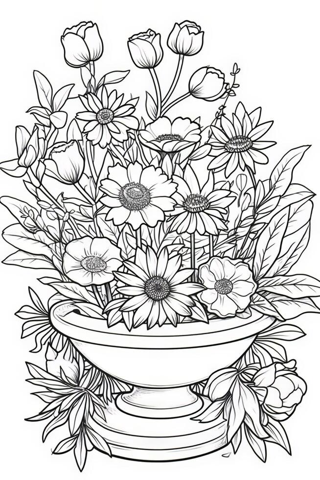 Decorative vase with flowers and leaves for coloring book. illustration.. photo