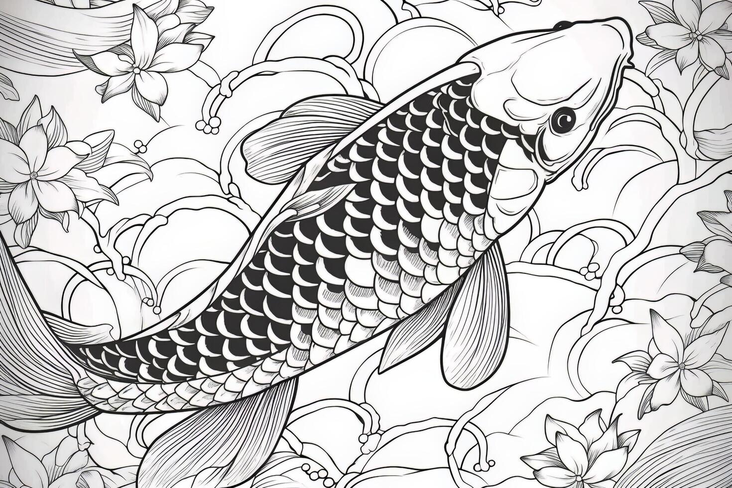 colorante página para adultos vector negro y blanco modelo. peces fiesta divertido en un floración estanque. sin costura oriental textura con agua lirio hojas, peces y otro agua habitantes..generativo ai foto