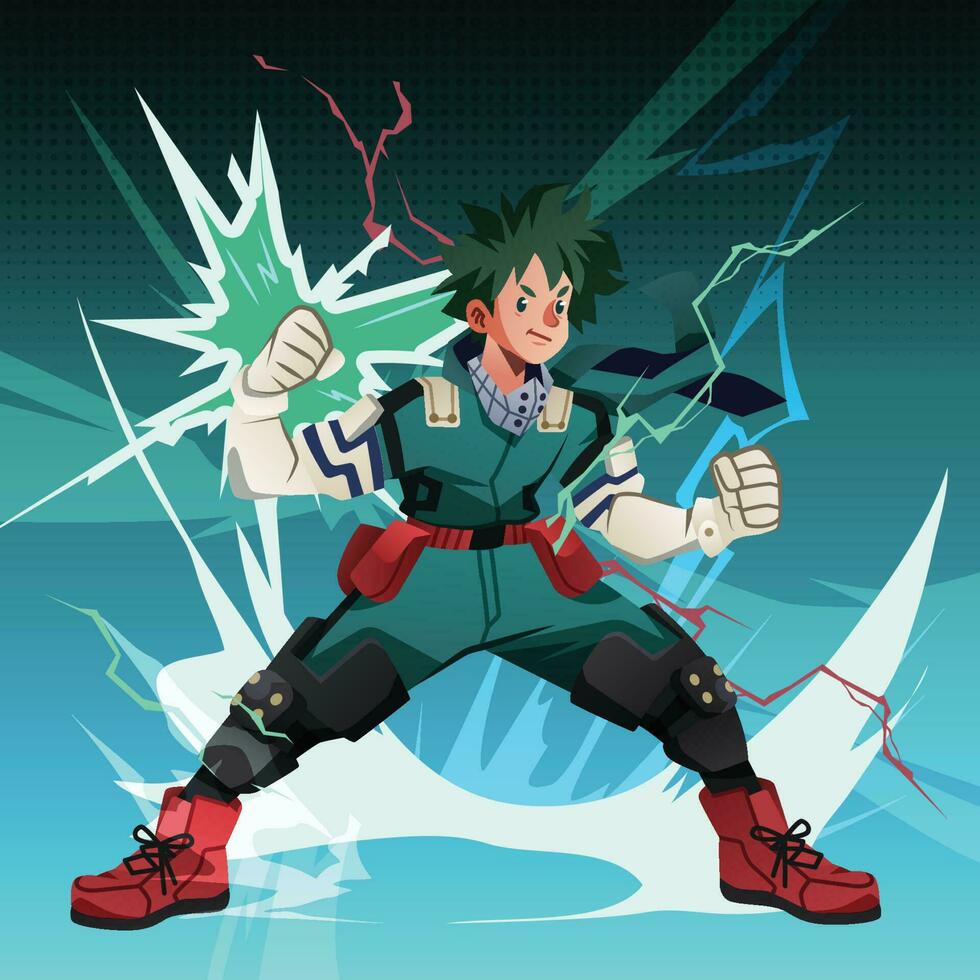 A Young Green Haired Superhero Unleashes His Lightning Power vector