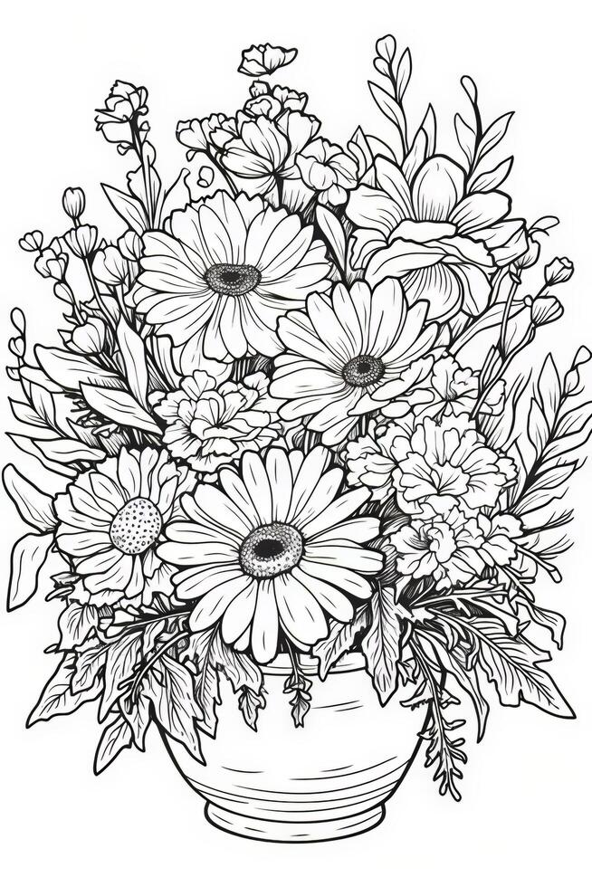 Decorative vase with flowers and leaves for coloring book. illustration.. photo