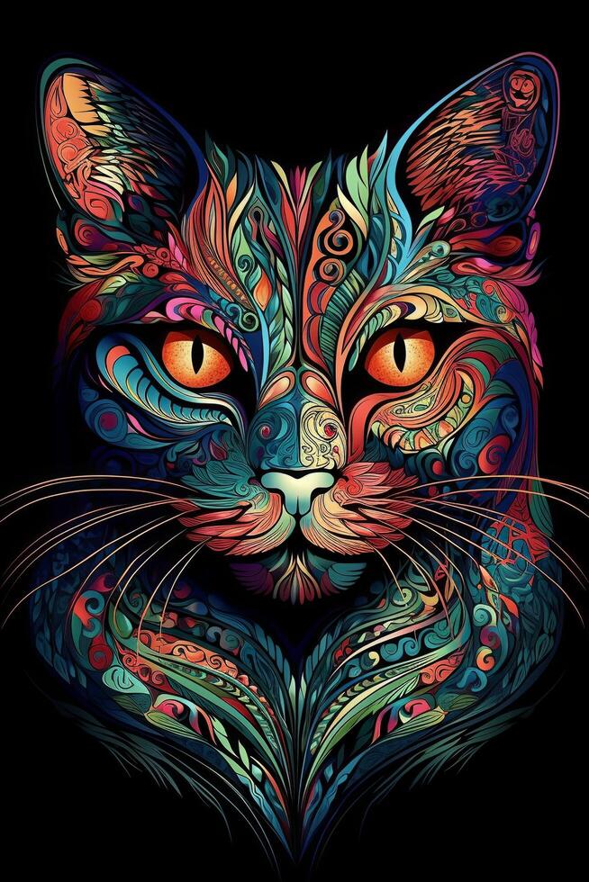 Colorful hand drawn cat portrait on black background. illustration.. photo